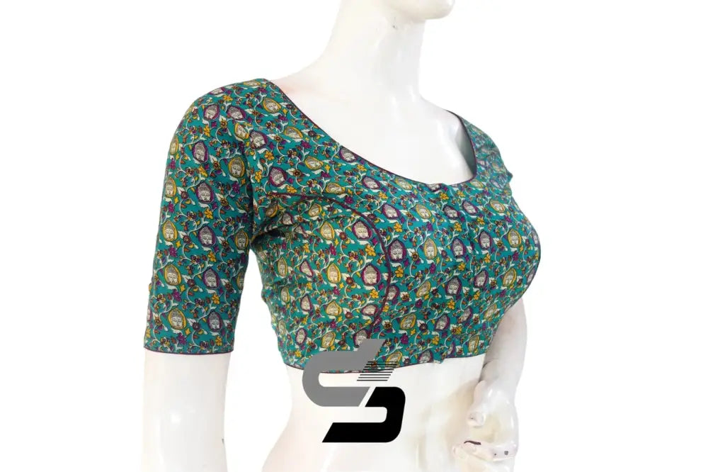 Teal Blue Color Patola Print Cotton Readymade Saree Blouse - D3blouses