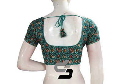 Teal Blue Color Patola Print Cotton Readymade Saree Blouse - D3blouses