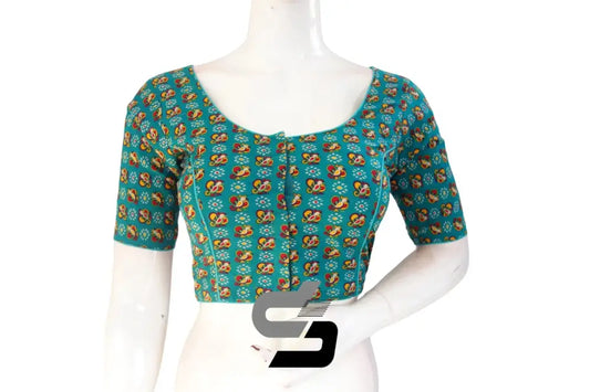 Teal Blue Color Patola Print Cotton Readymade Saree Blouse - D3blouses