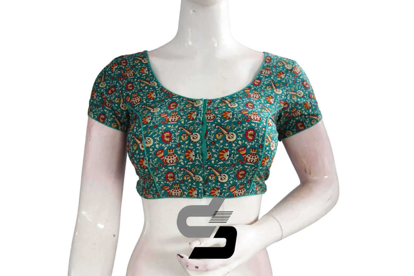 Teal Blue Color Patola Print Cotton Readymade Saree Blouse - D3blouses