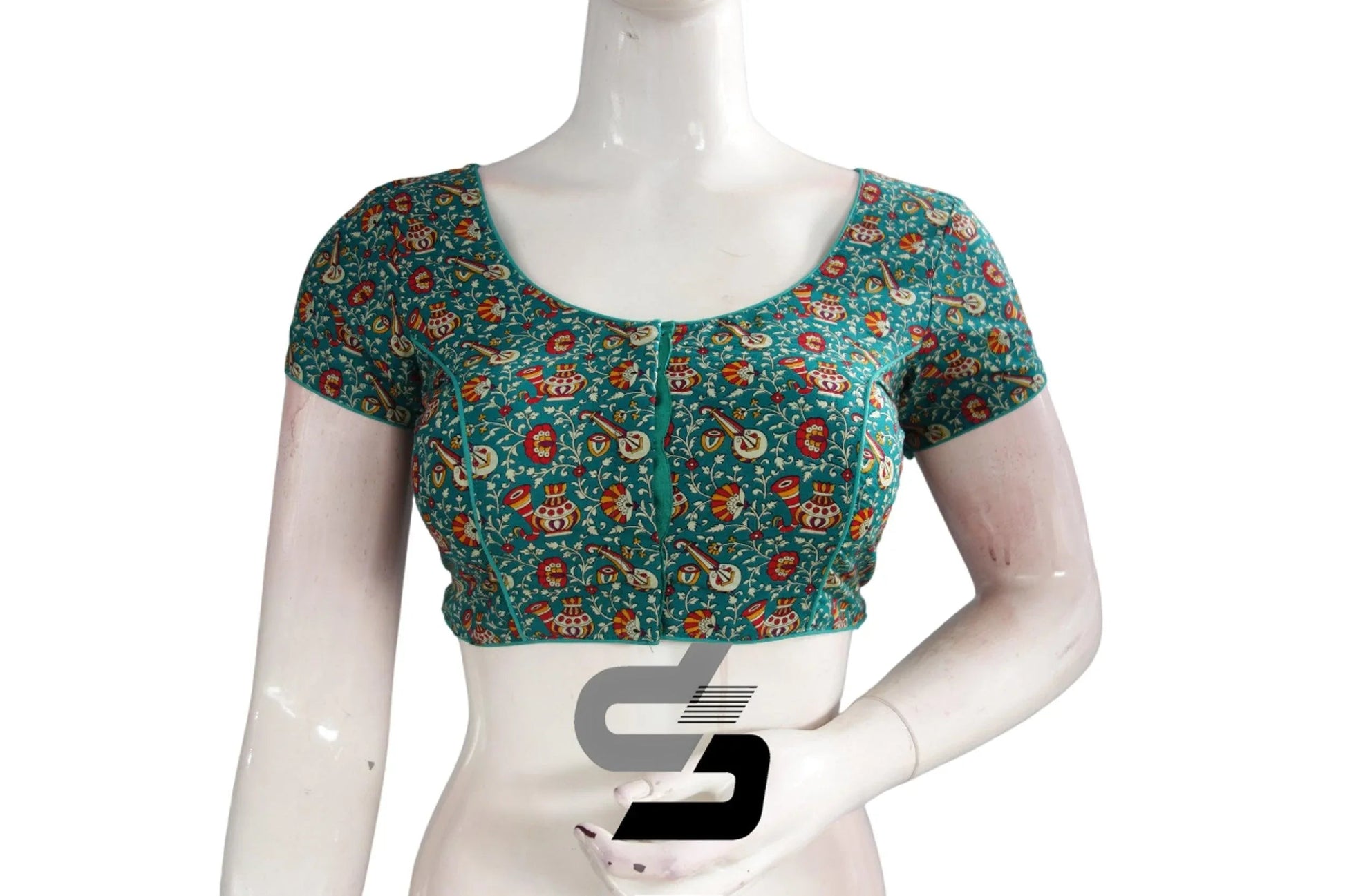 Teal Blue Color Patola Print Cotton Readymade Saree Blouse - D3blouses