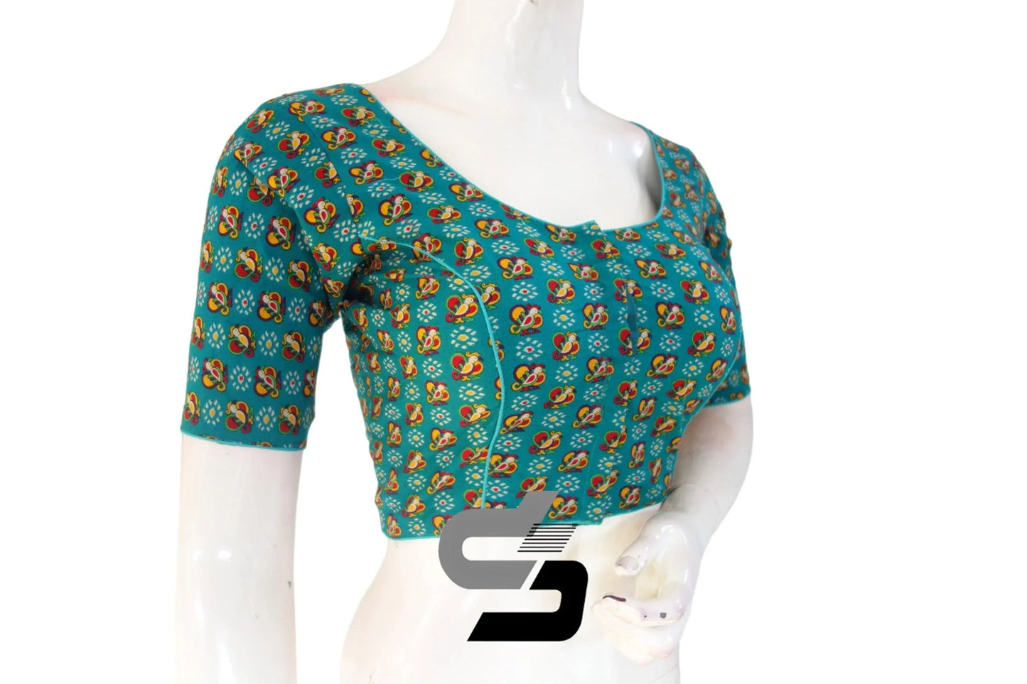 Teal Blue Color Patola Print Cotton Readymade Saree Blouse - D3blouses