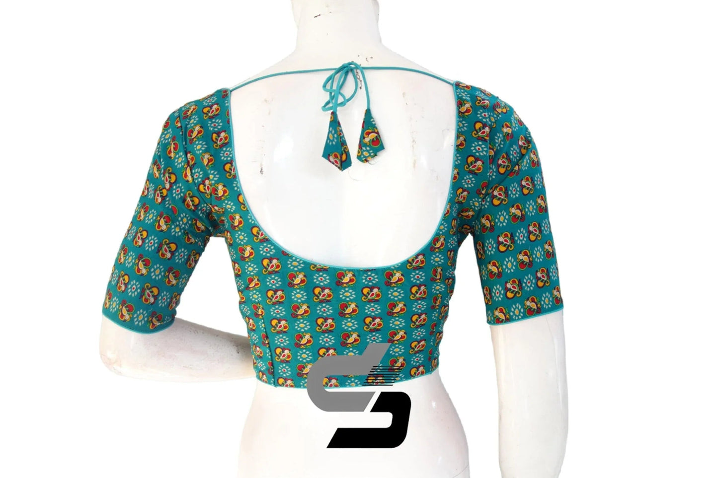 Teal Blue Color Patola Print Cotton Readymade Saree Blouse - D3blouses