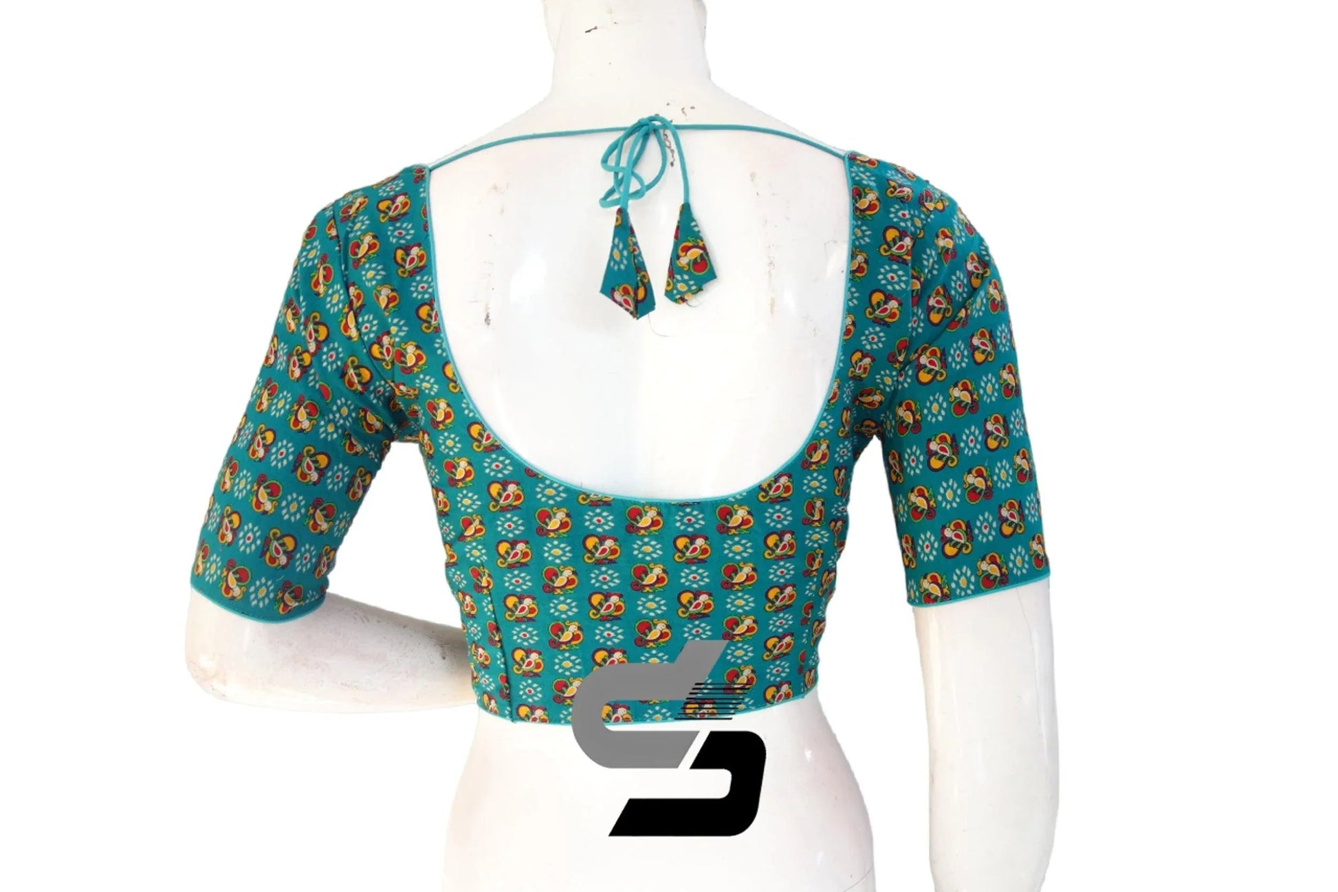 Teal Blue Color Patola Print Cotton Readymade Saree Blouse - D3blouses