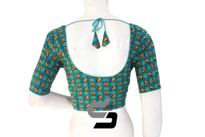 Teal Blue Color Patola Print Cotton Readymade Saree Blouse - D3blouses