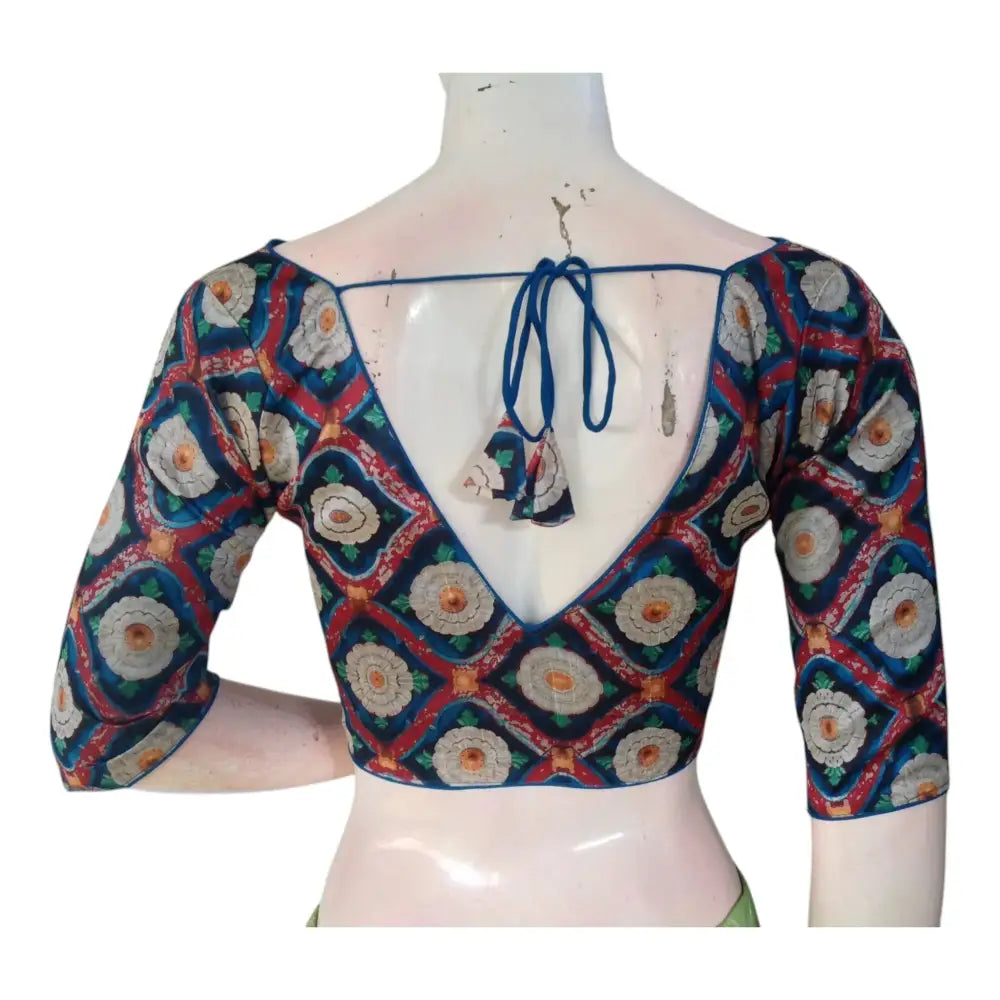 Teal Blue Color Printed Silk V-neck Designer Readymade Blouse - D3blouses