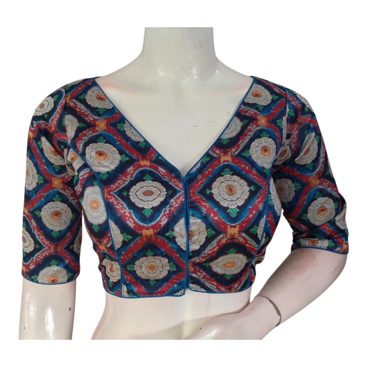 Teal Blue Color Printed Silk V-neck Designer Readymade Blouse - D3blouses