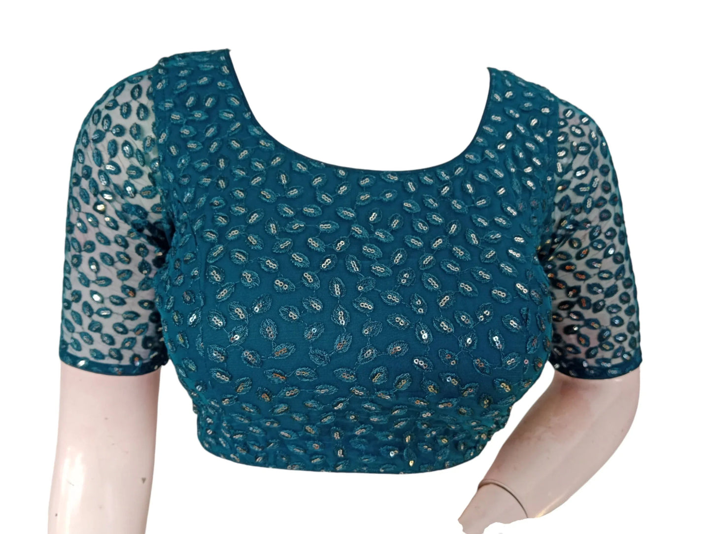 Teal Blue Embroidered Netted Saree Readymade Blouse - D3blouses