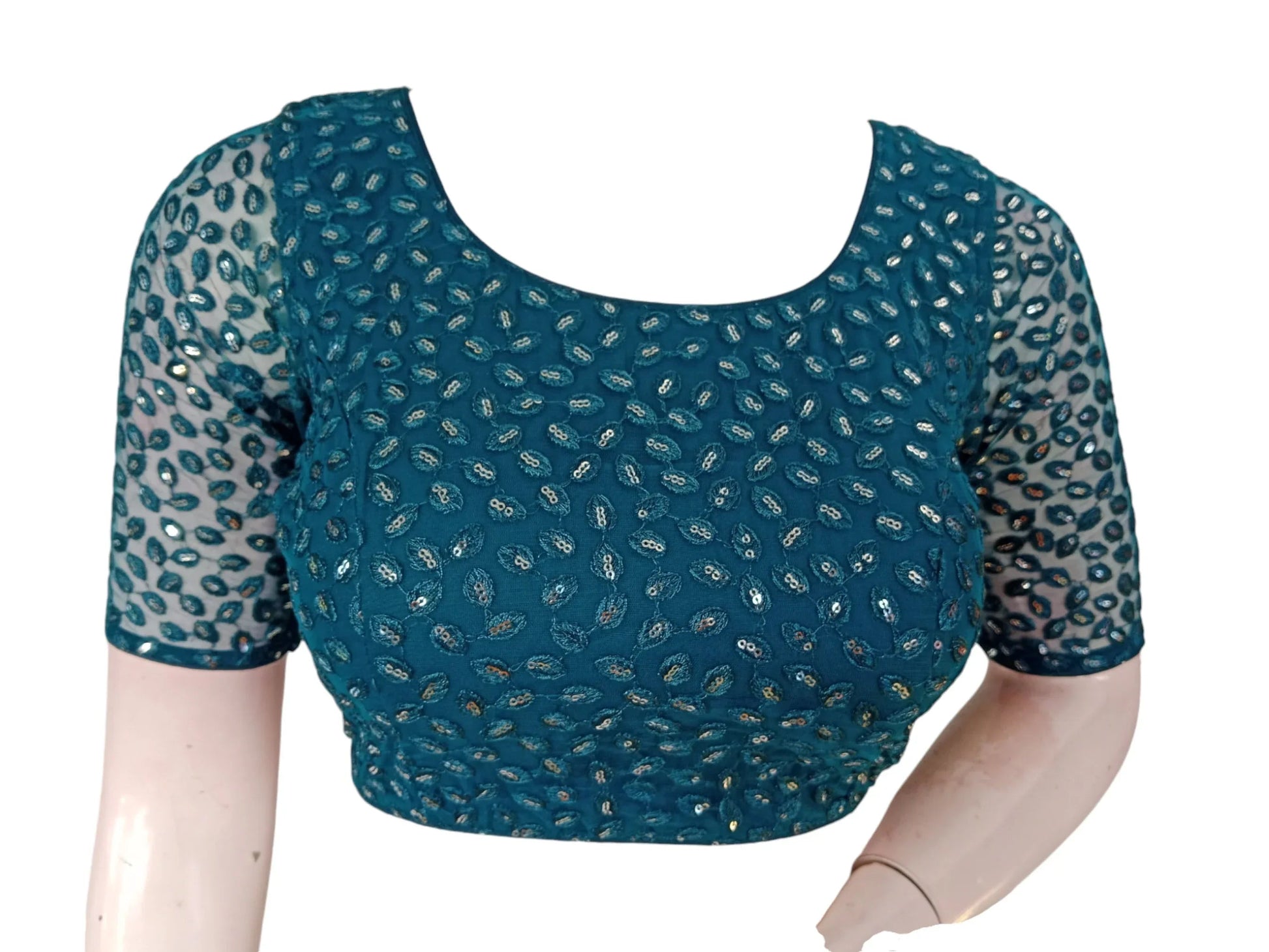 Teal Blue Embroidered Netted Saree Readymade Blouse - D3blouses