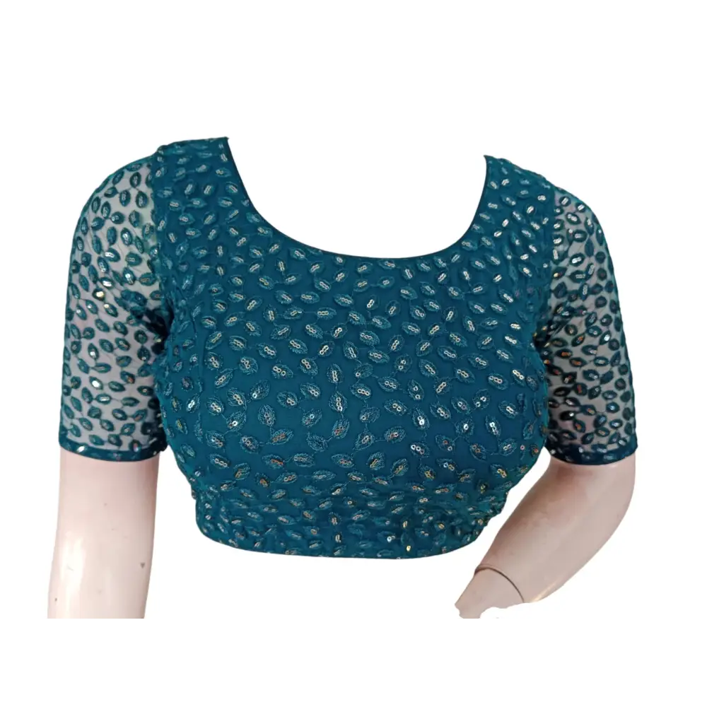 Teal Blue Embroidered Netted Saree Readymade Blouse - D3blouses
