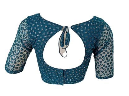 Teal Blue Embroidered Netted Saree Readymade Blouse - D3blouses