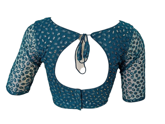 Teal Blue Embroidered Netted Saree Readymade Blouse - D3blouses