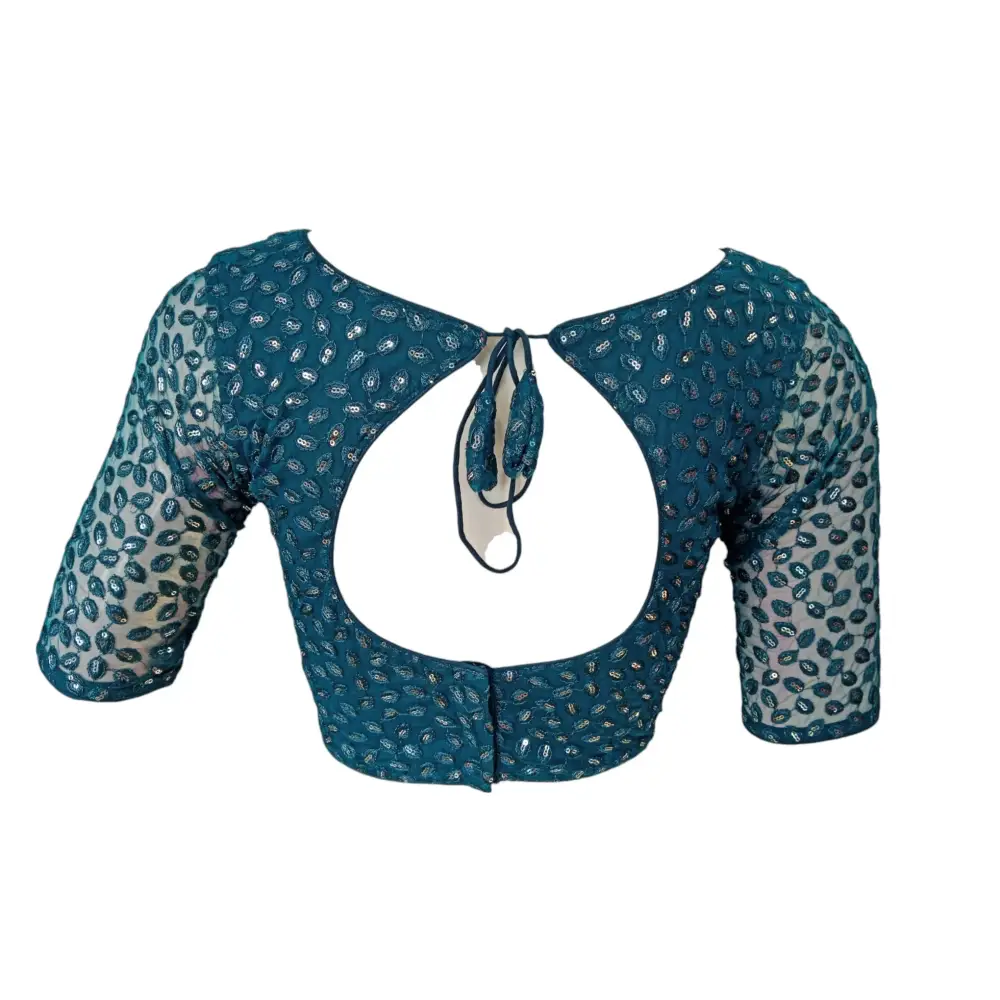 Teal Blue Embroidered Netted Saree Readymade Blouse - D3blouses