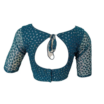 Teal Blue Embroidered Netted Saree Readymade Blouse - D3blouses