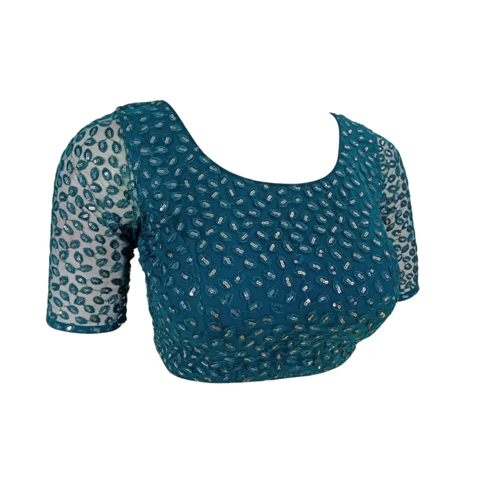 Teal Blue Embroidered Netted Saree Readymade Blouse - D3blouses