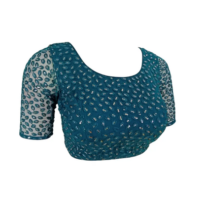 Teal Blue Embroidered Netted Saree Readymade Blouse - D3blouses
