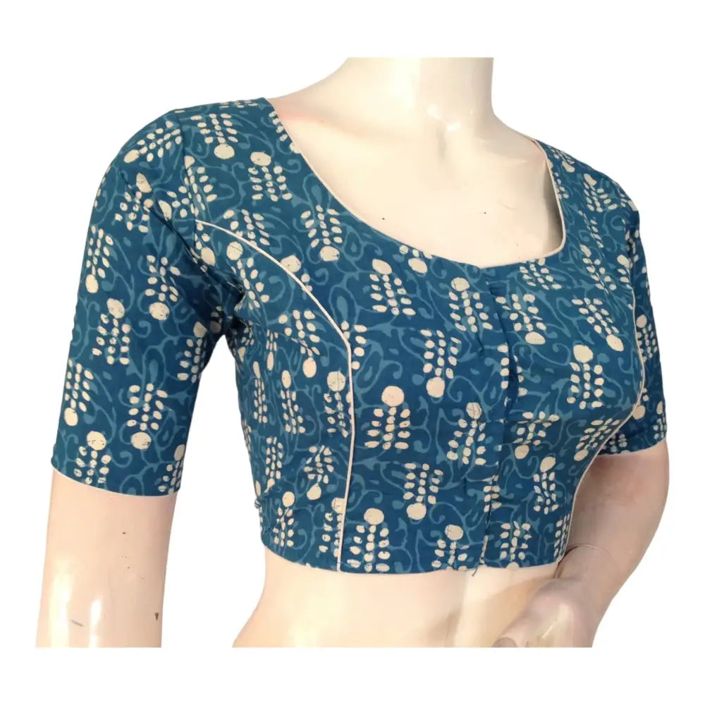 Teal Blue High Neck Cotton Blouse |Traditional Indian Craftsmanship - D3blouses