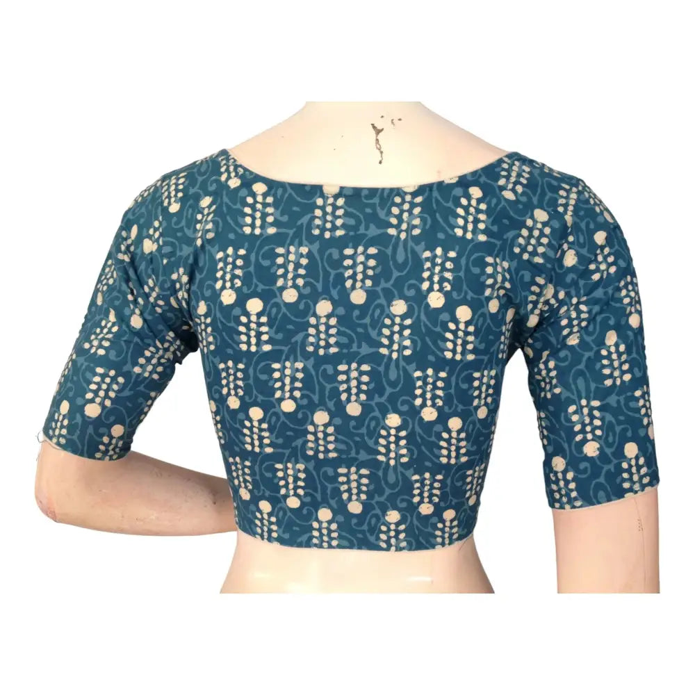 Teal Blue High Neck Cotton Blouse |Traditional Indian Craftsmanship - D3blouses