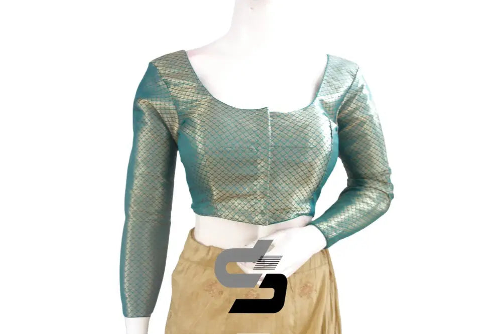 Teal Blue Saree Blouse, Premium Brocade Readymade Saree Blouse, Indian Choli Top Online - D3blouses
