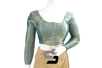 Teal Blue Saree Blouse, Premium Brocade Readymade Saree Blouse, Indian Choli Top Online - D3blouses