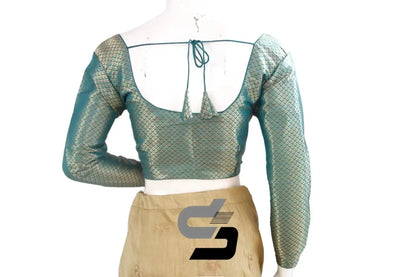 Teal Blue Saree Blouse, Premium Brocade Readymade Saree Blouse, Indian Choli Top Online - D3blouses