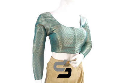 Teal Blue Saree Blouse, Premium Brocade Readymade Saree Blouse, Indian Choli Top Online - D3blouses
