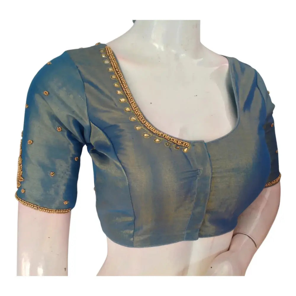 Teal Blue Splendor: Tissue Silk Aari Handwork Wedding Saree Blouse - D3blouses