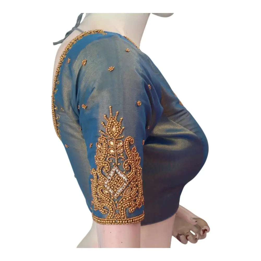 Teal Blue Splendor: Tissue Silk Aari Handwork Wedding Saree Blouse - D3blouses