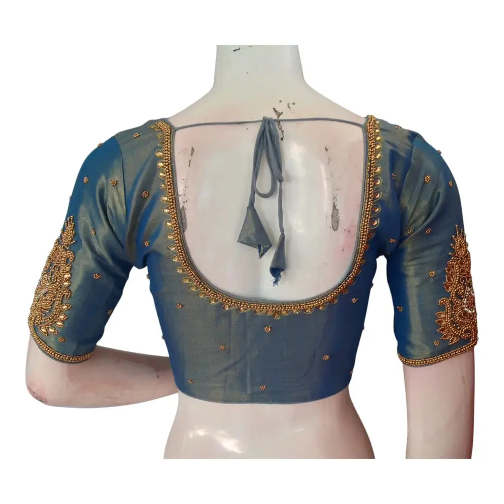 Teal Blue Splendor: Tissue Silk Aari Handwork Wedding Saree Blouse - D3blouses