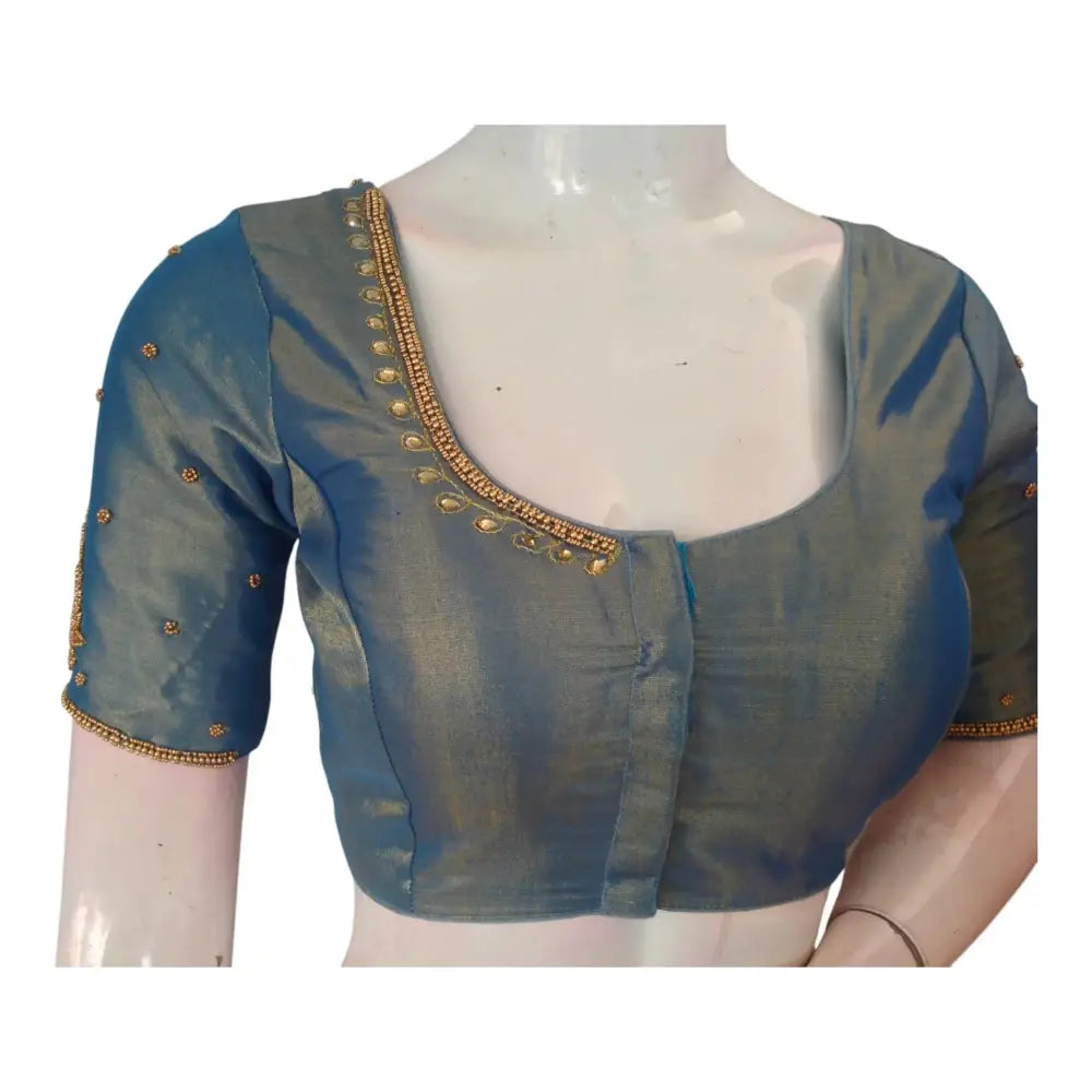 Teal Blue Splendor: Tissue Silk Aari Handwork Wedding Saree Blouse - D3blouses