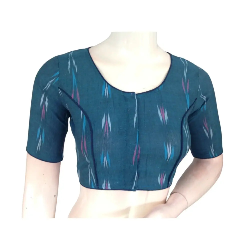 Teal Blue Treasure: High Neck Cotton Saree Blouse - D3blouses