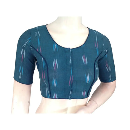 Teal Blue Treasure: High Neck Cotton Saree Blouse - D3blouses