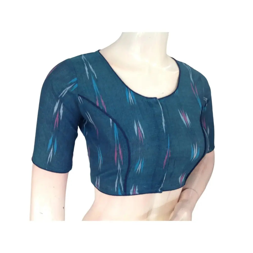 Teal Blue Treasure: High Neck Cotton Saree Blouse - D3blouses