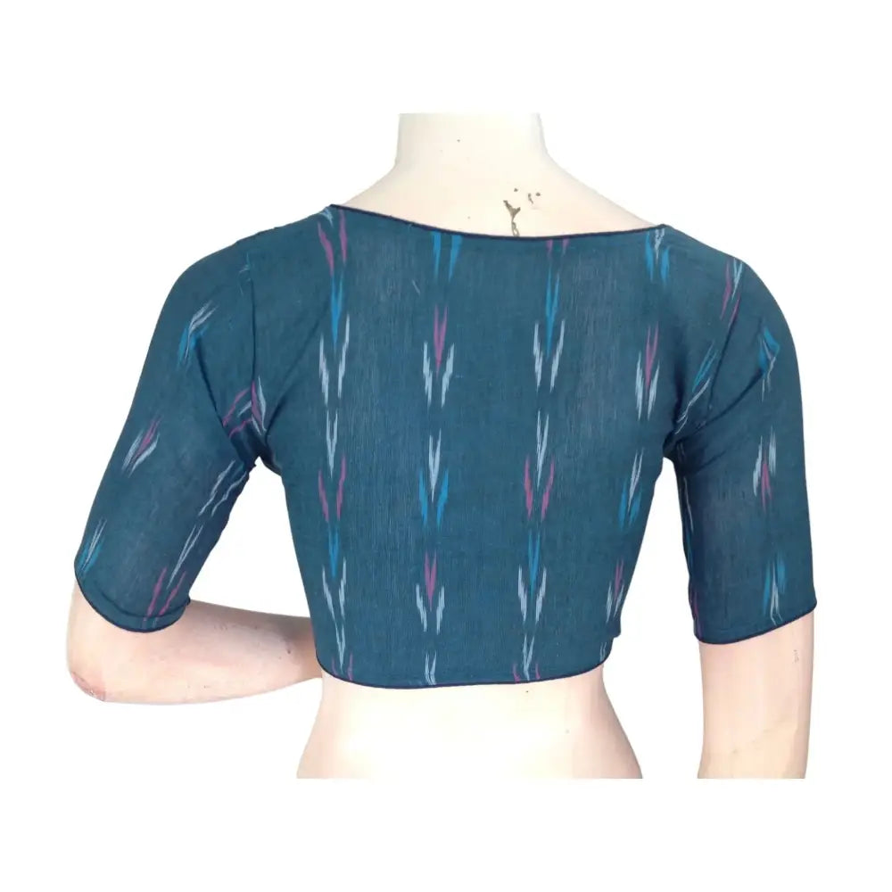 Teal Blue Treasure: High Neck Cotton Saree Blouse - D3blouses