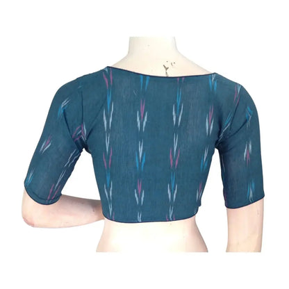 Teal Blue Treasure: High Neck Cotton Saree Blouse - D3blouses