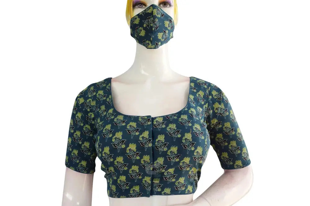 Teal color Ajrakh Cotton Readymade Saree Blouse, Indian Summer Collection - D3blouses