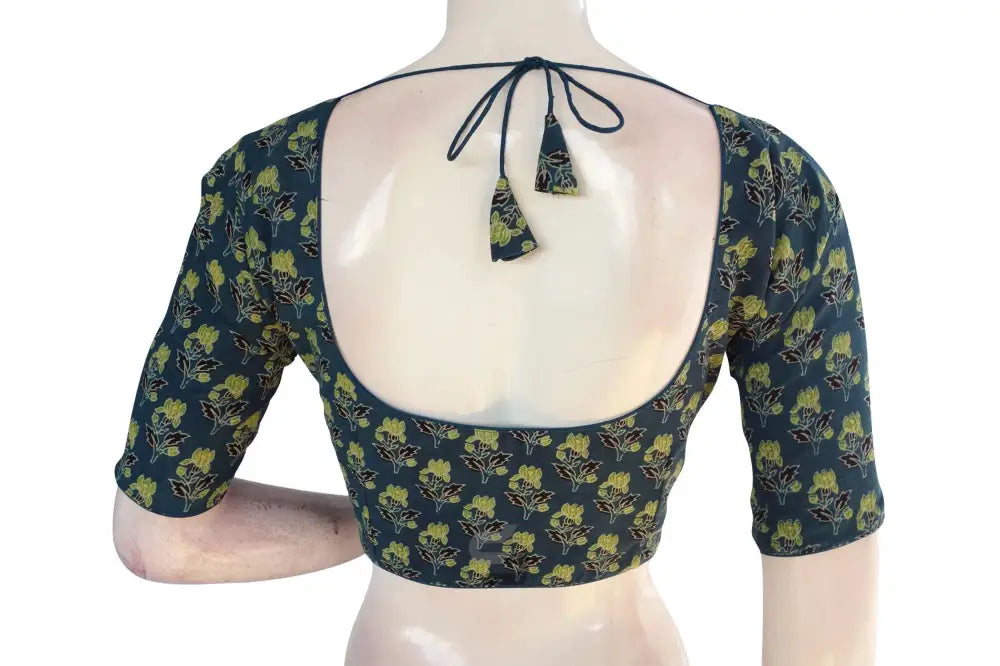 Teal color Ajrakh Cotton Readymade Saree Blouse, Indian Summer Collection - D3blouses