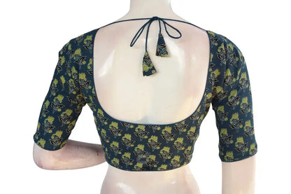 Teal color Ajrakh Cotton Readymade Saree Blouse, Indian Summer Collection - D3blouses