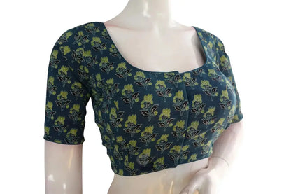 Teal color Ajrakh Cotton Readymade Saree Blouse, Indian Summer Collection - D3blouses