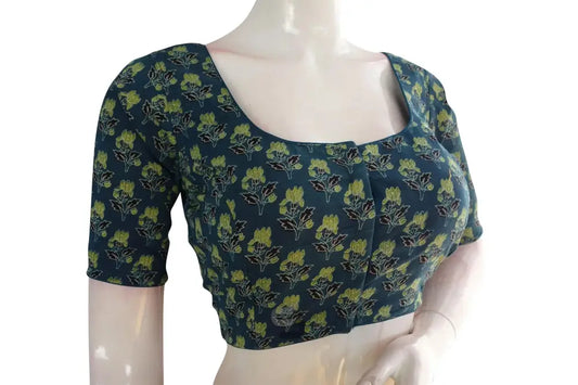 Teal color Ajrakh Cotton Readymade Saree Blouse, Indian Summer Collection - D3blouses