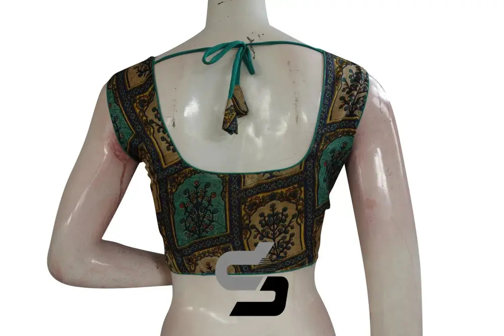 Teal Color Printed silk Sleeveless Readymade saree blouse - D3blouses