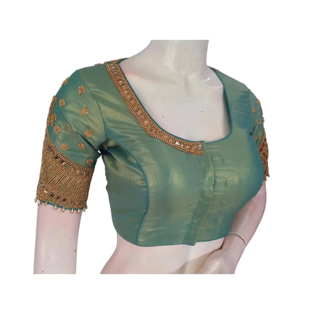 Teal Elegance: Tissue Silk Designer Neck Aari Handwork Bridal Saree Blouse - D3blouses
