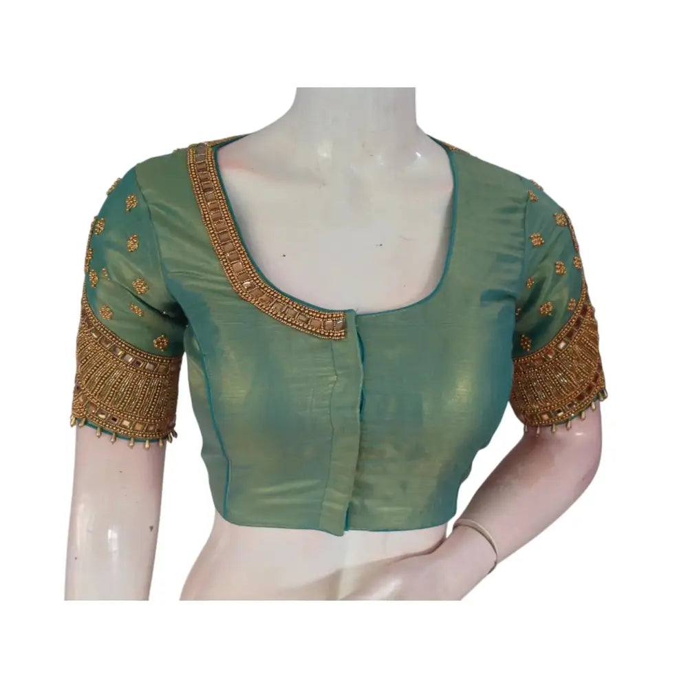 Teal Elegance: Tissue Silk Designer Neck Aari Handwork Bridal Saree Blouse - D3blouses