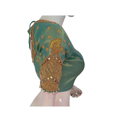 Teal Elegance: Tissue Silk Designer Neck Aari Handwork Bridal Saree Blouse - D3blouses
