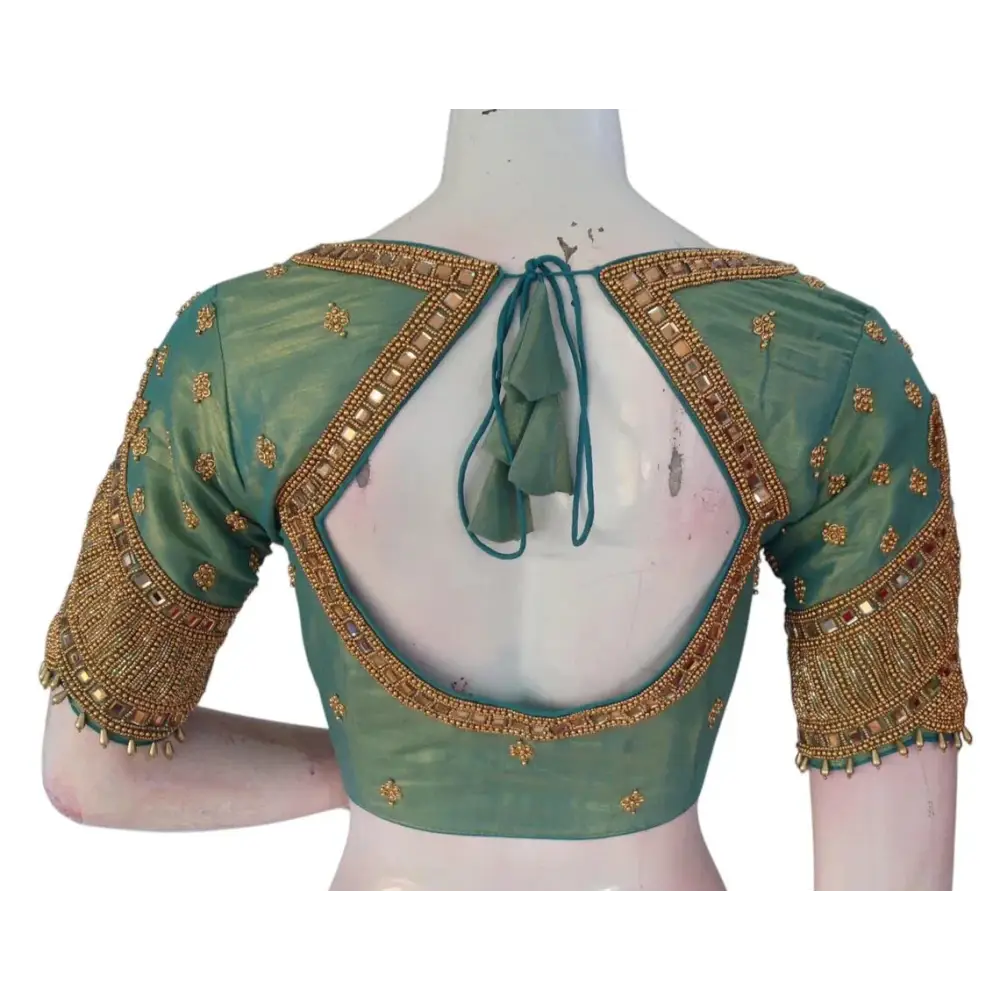 Teal Elegance: Tissue Silk Designer Neck Aari Handwork Bridal Saree Blouse - D3blouses