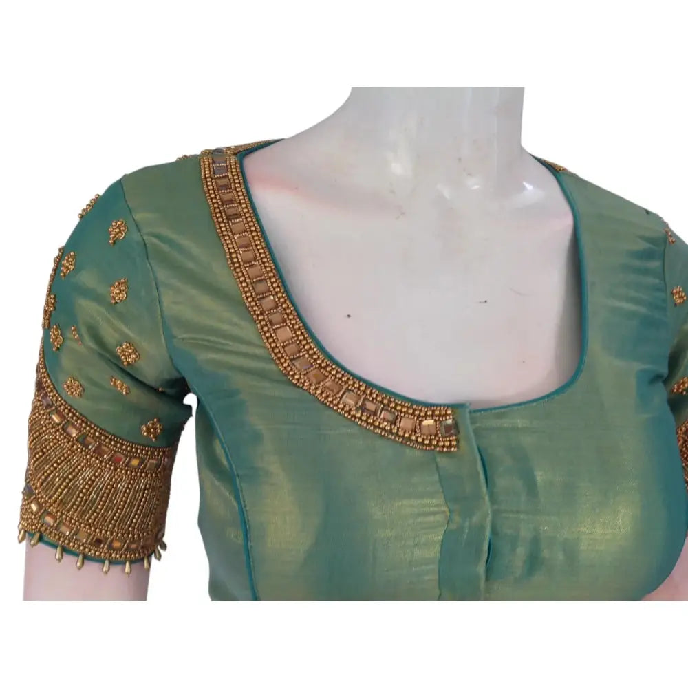 Teal Elegance: Tissue Silk Designer Neck Aari Handwork Bridal Saree Blouse - D3blouses