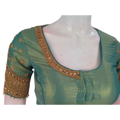 Teal Elegance: Tissue Silk Designer Neck Aari Handwork Bridal Saree Blouse - D3blouses