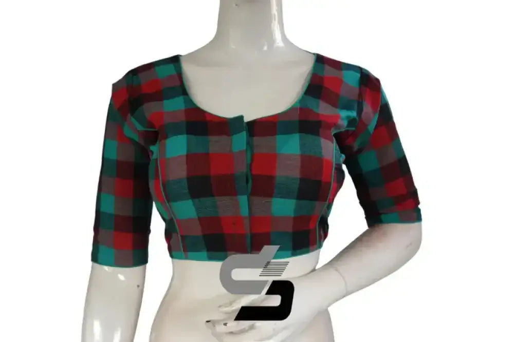 Teal Green 3/4th Sleeve Cotton Checks Readymade Saree Blouse (Princess Cut)