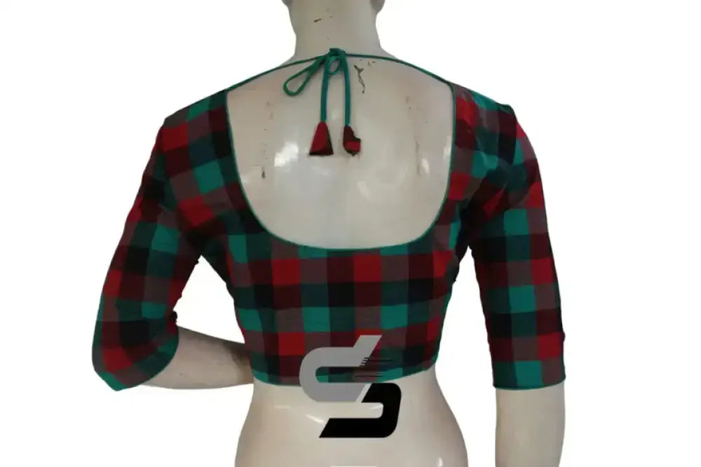 Teal Green 3/4th Sleeve Cotton Checks Readymade Saree Blouse (Princess Cut)