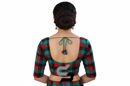 Back view of padded teal green checks readymade blouse showing deep neck and hook opening.